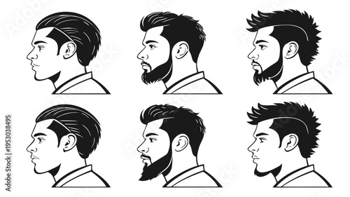 Men's profile faces with diverse hairstyles and beards, fashion and barber shop vector set