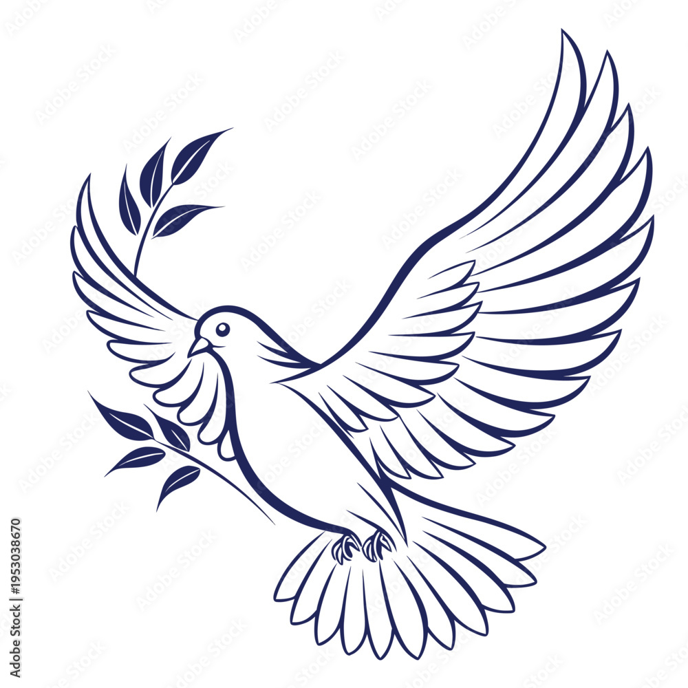 Fototapeta premium Graceful flying dove holding olive branch vector outline for peace and harmony symbol
