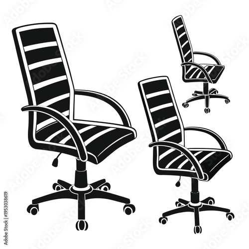 Ergonomic office chair silhouettes with wheels, comfortable desk seating vector icons set