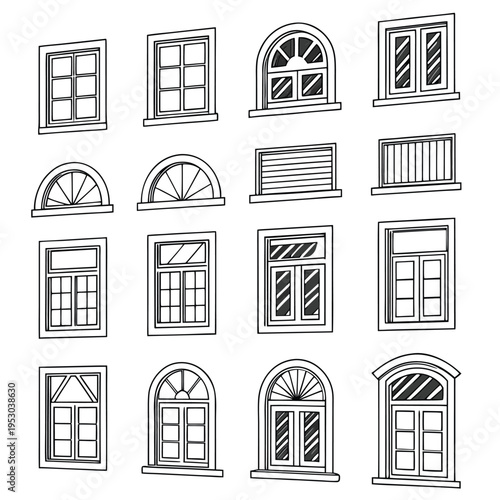 Minimalist vector outlines of diverse window styles for home and building architecture elements