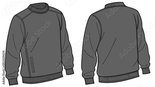 Gray casual long sleeve crewneck sweatshirt front and back flat vector template