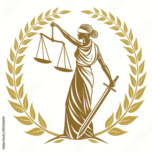 Symbolic vector illustration of blindfolded lady justice with scales and sword in laurel wreath