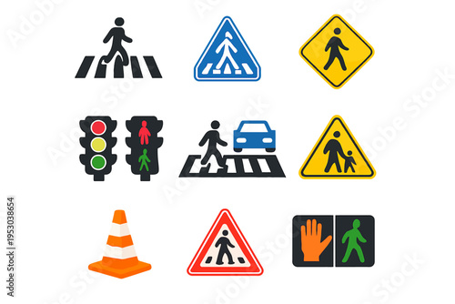 Traffic signs and pedestrian symbols displayed on road infrastructure clearly