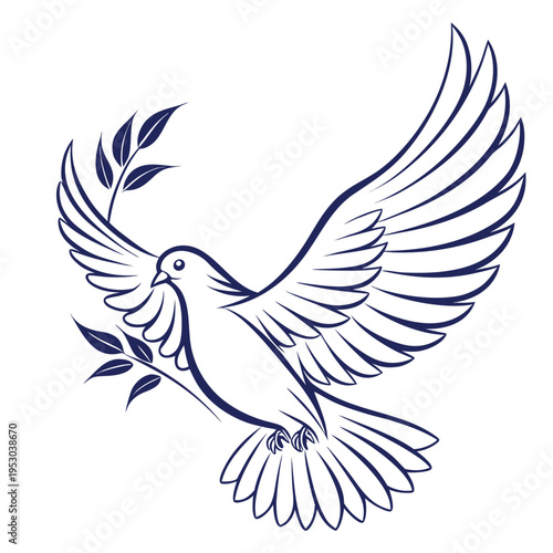 Graceful flying dove holding olive branch vector outline for peace and harmony symbol