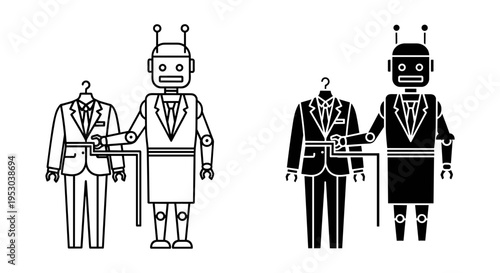 Robot in Suit with Hanger and Business Attire Vector Illustration Set - Modern AI Automation and Fashion Technology Concept