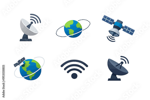Satellite dishes transmit signals to a global network via a satellite in space around the Earth.