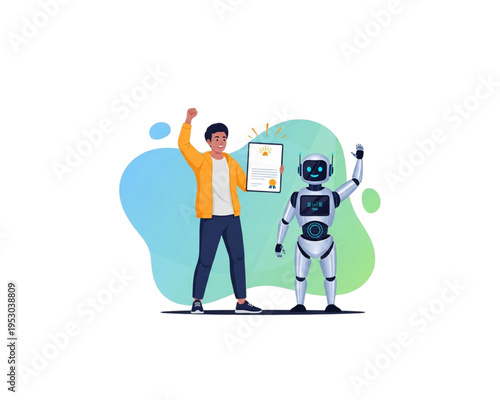 Successful male student holding certificate with friendly AI robot. Artificial intelligence education achievement and graduation celebration. Smart technology concept vector illustration.