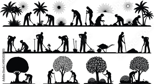 Gardening people silhouettes working with tools planting trees digging soil landscaping nature care outdoor garden maintenance activity set