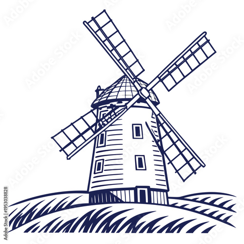 Classic windmill standing on a grassy hillside with turning blades vector illustration