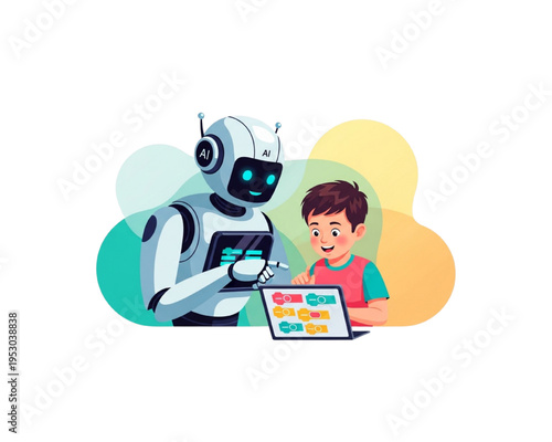 Futuristic AI robot tutor assisting happy school boy with laptop learning. Smart artificial intelligence education technology concept vector illustration isolated on white background.