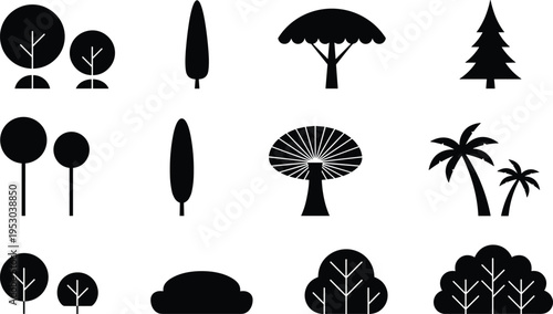 Set of simple tree and bush silhouettes including palm pine and round trees isolated on white background for landscape nature vector icon collection