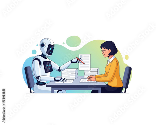 Artificial Intelligence For Education concept showing a robot tutor holding a pen and paper while grading documents for a female student, machine learning in academic office flat vector.