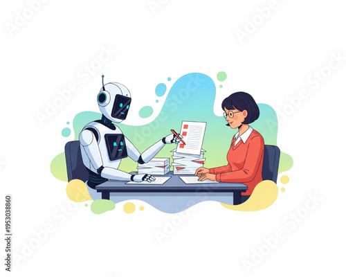 Artificial intelligence for education: Robot assistant grading exam papers with teacher. Vector illustration of smart android checking documents stack with pen to help woman with administrative work.