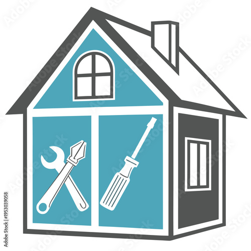 Home repair and maintenance house icon with wrench pliers screwdriver tools vector graphic