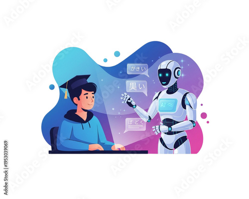 Artificial intelligence for education: Robot tutor teaching language to student with graduation cap. Vector illustration of smart AI Robot explaining translation via speech bubbles.