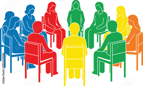 group, discussion, people, teamwork, community, meeting, circle, support, therapy, communication, diversity, collaboration, counseling, sharing, conversation, social, interaction, illustration