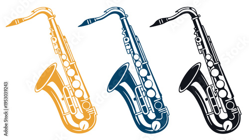 Collection of three stylized vector saxophones in different colors, isolated musical instruments