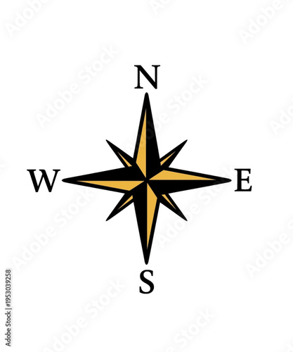 Minimalist black and gold compass rose design indicating north, south, east, and west directions clearly.