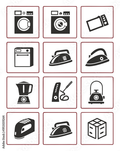 Collection of minimalist vector icons featuring various common household kitchen and laundry appliances