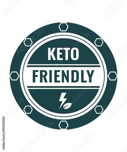 A circular dark teal and white keto friendly diet badge, featuring bold text, a lightning bolt, and a leaf symbol.