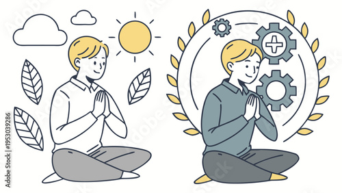 Mindfulness and work life balance concept illustration showing man meditating with nature and industry icons