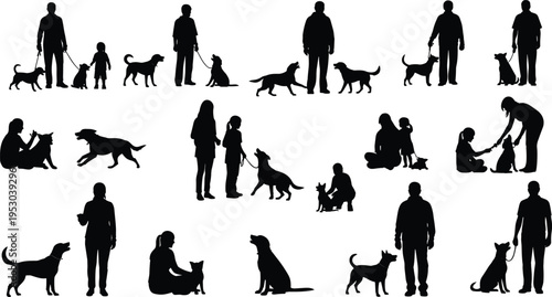 People with dogs silhouette collection, pet owner activities training walking playing, human animal bond concept isolated black figures set