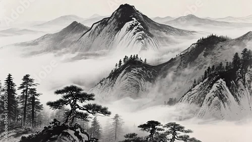 Ink wash landscape with misty mountains and pine trees