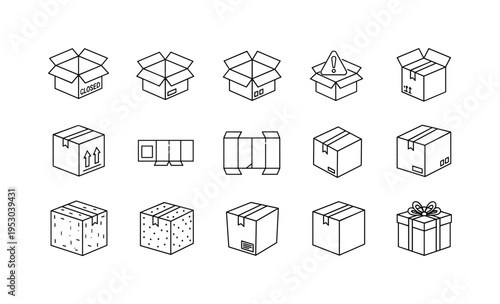 Cardboard shipping box closed, open carton with flaps, sealed parcel with tape, fragile warning box, box with upward arrows, flat
