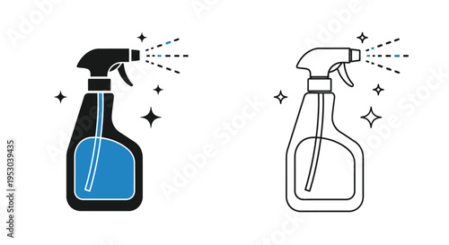 Two spray bottles emitting liquid one filled and one outline version