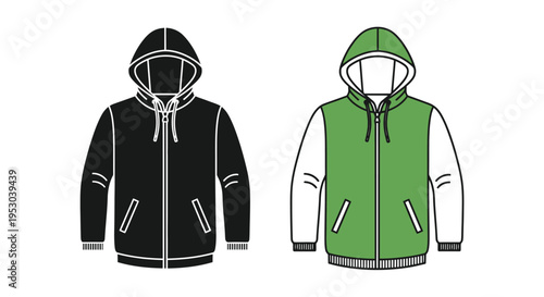 Two hooded jackets are displayed one black and one green with white