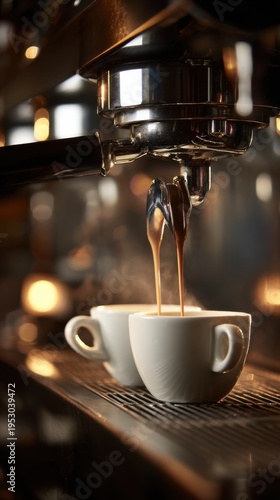 A close-up  a professional espresso machine brewing two shots of espresso into white ceramic cups. 