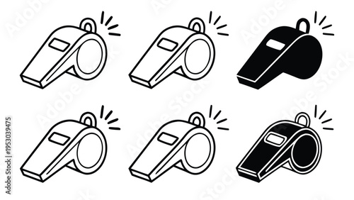 Set of whistle icons outline and solid designs for sports coaching and attention signals vector
