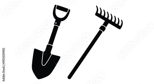 Black and white illustration of a garden spade and a small hand rake