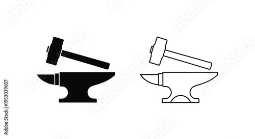 Black and white illustration depicting two anvils and hammers