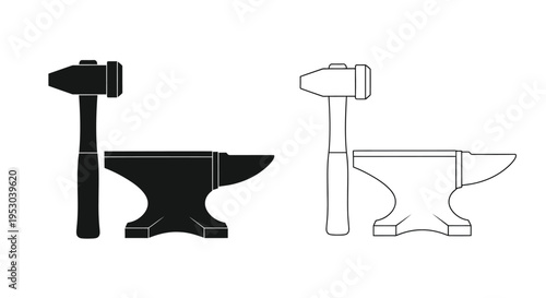 Black and white outline of a blacksmith s anvil and hammer set