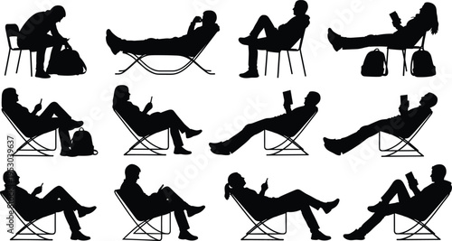 people, reading, smartphone, tablet, silhouette, sitting, chair, relaxation, lifestyle, technology, communication, browsing, mobile, internet, social, digital, leisure, illustration, collection, set