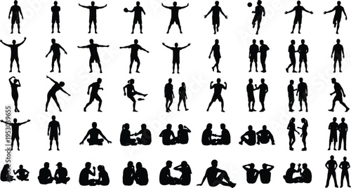 people, silhouettes, poses, actions, men, women, standing, sitting, walking, playing, gestures, lifestyle, social, activity, interaction, characters, illustration, collection, bodylanguage, set