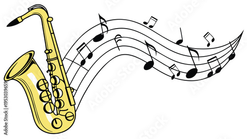 Golden saxophone musical instrument illustration with flowing staff and black music notes for jazz theme