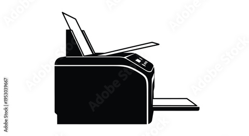 Black and white illustration of a modern inkjet printer with open tray
