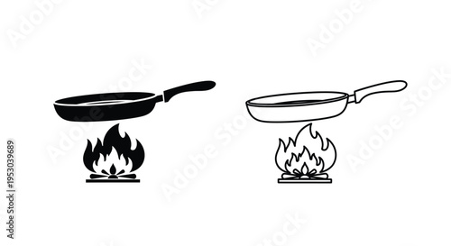 Black and white illustration of a frying pan on fire showing two states