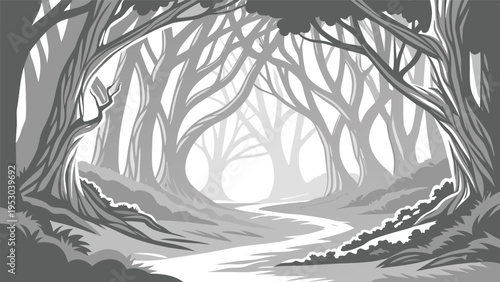 Mysterious forest landscape with winding path and arched trees in monochrome grayscale vector illustration