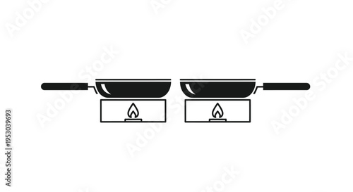 Two black frying pans cooking over small gas burners simple icon