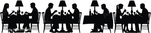 restaurant, dinner, couple, people, silhouette, dining, table, food, date, meal, cafe, evening, romantic, lifestyle, conversation, eating, illustration, social, hospitality, set