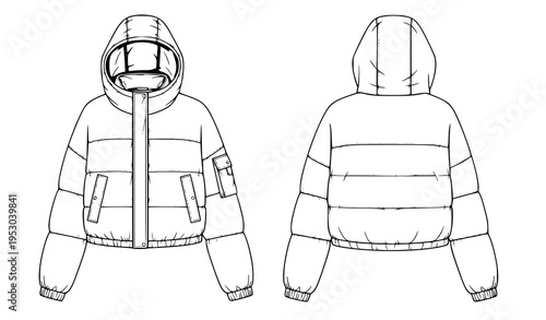 Cropped Quilted Hooded Puffer Jacket Technical Flat CAD Illustration Unisex