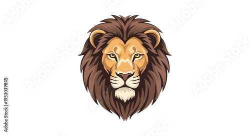Frontal view vector illustration of a majestic lion head mascot featuring a detailed brown mane and golden facial features, isolated on white for sports logos and branding identity.
