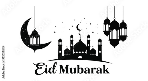A decorative eid mubarak greeting featuring a crescent moon mosque and lanterns silhouette high quality professional