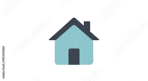 Minimalist flat vector house icon featuring light blue walls, a dark charcoal gray pitched roof with a chimney and a central door, isolated on a solid white background graphic.