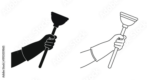 Two depictions of a gloved hand holding a black plunger