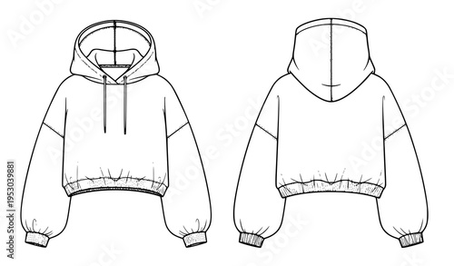 Oversize Cropped Hoodie Flat CAD Technical Fashion Illustration for Girls