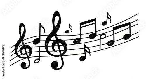 Black hand-drawn musical notes including treble clefs and beamed eighth notes on a curved musical staff, artistic sketch doodle style isolated on a plain white background.